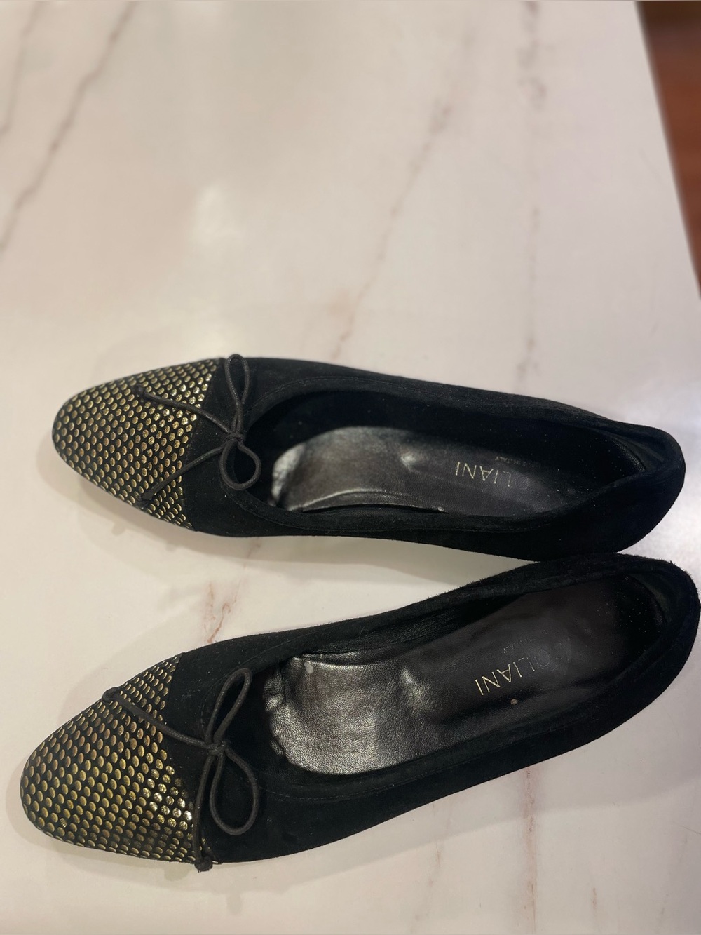 A.Soliani Como Black Suede Ballet Flats with Gold Studded Toe and Bow Accent 42